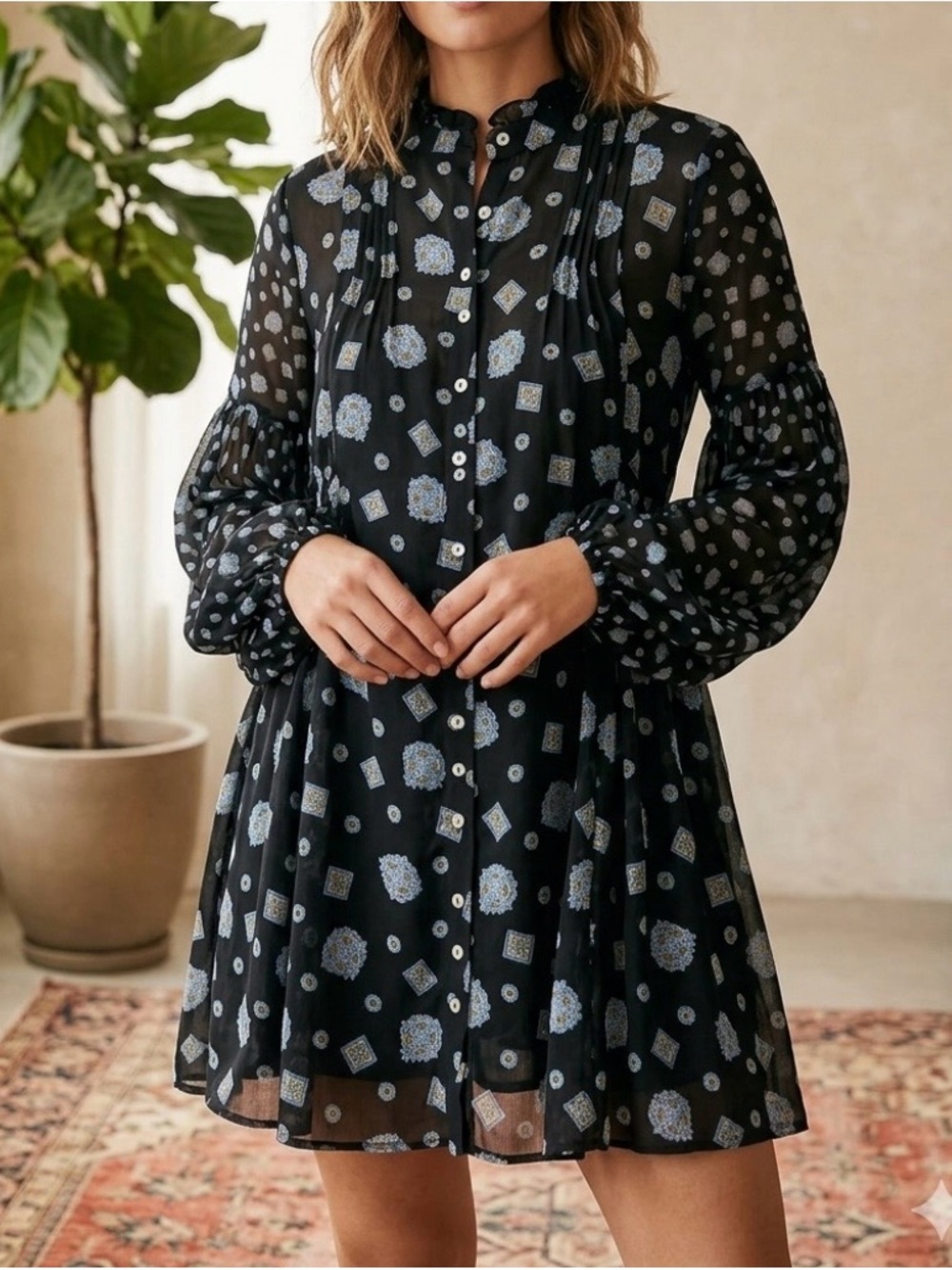 Free People Turn Turn Romantic Boho Sheer Flowy Mini shirt dress Size XS